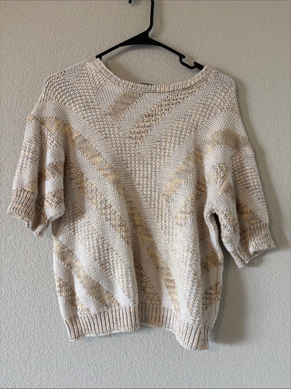 Textured Crew Neck Sweater in Cream with Tan Accents